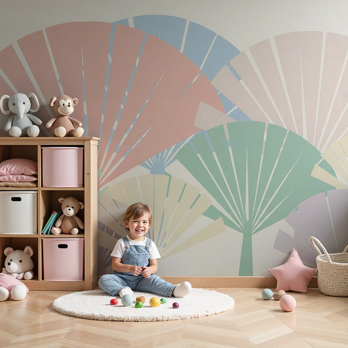 Papel de parede quarto bebê | Elementos gráficos de folhas coloridas em fundo suave