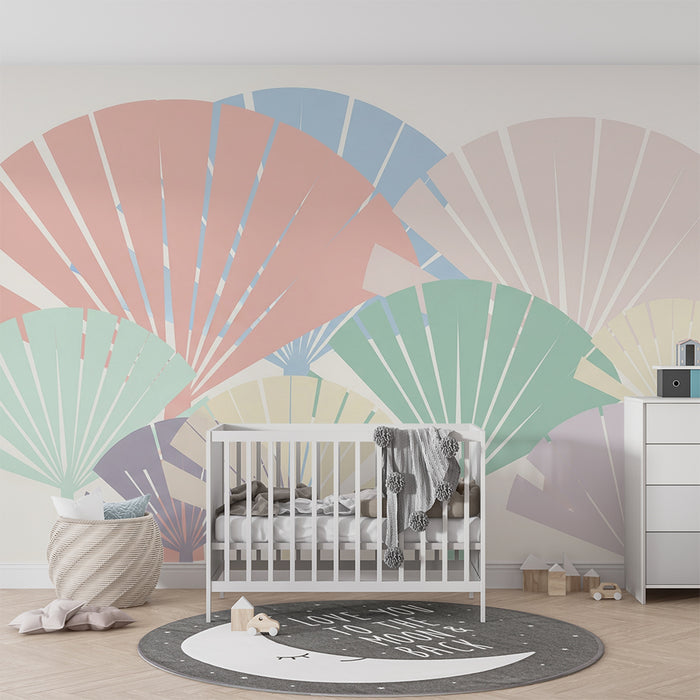 Papel de parede quarto bebê | Elementos gráficos de folhas coloridas em fundo suave