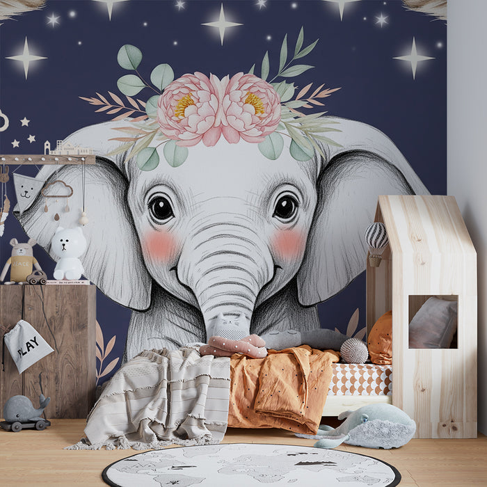 Papier peint chambre bébé | Éléphant adorable avec fleurs