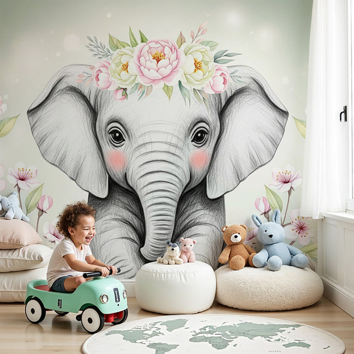 Barntapet | Bedårande elefant med blommor och salvia grönt bakgrund
