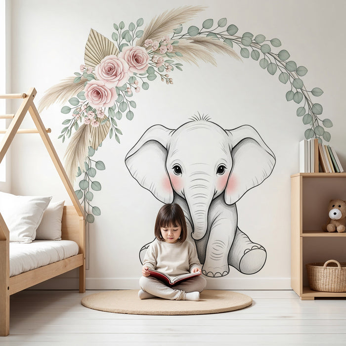Barntapet | Bedårande elefant under en blomsterbåge