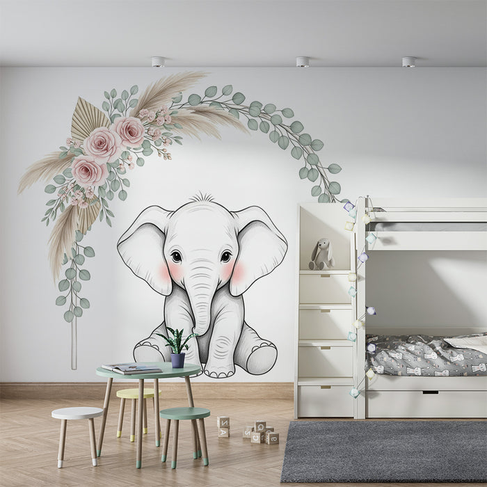 Barntapet | Bedårande elefant under en blomsterbåge
