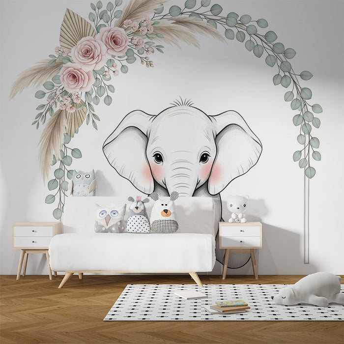 Barntapet | Bedårande elefant under en blomsterbåge