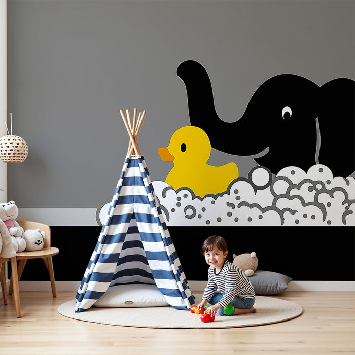 Tapet za detska staia | Zabaven slon i plastmasov patk v pina ot piana