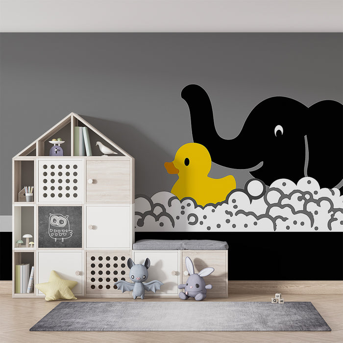 Tapet za detska staia | Zabaven slon i plastmasov patk v pina ot piana