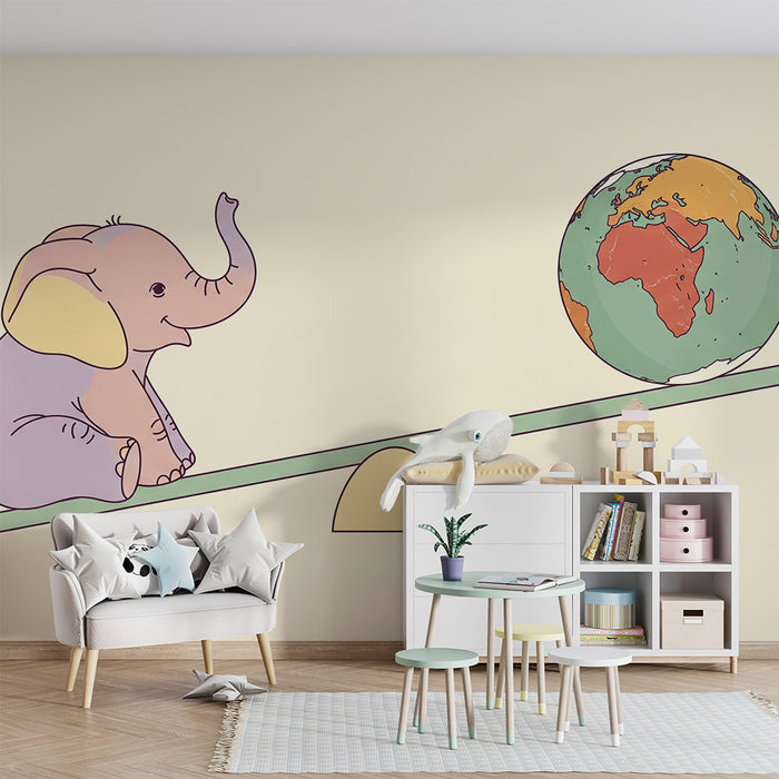 Papel de parede quarto bebê | Забавен слон на люлка със света