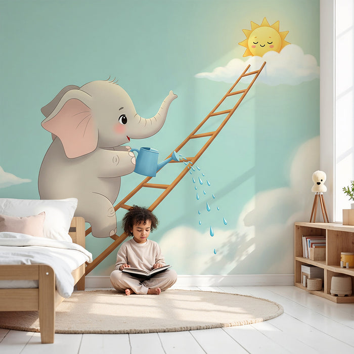 Papier peint chambre bébé | Éléphant arrosant le soleil dans un ciel bleu
