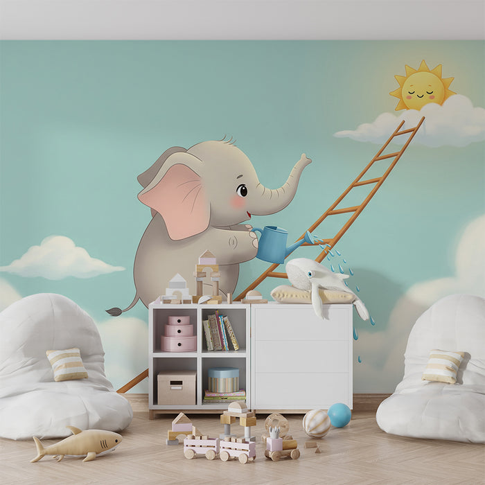 Papier peint chambre bébé | Éléphant arrosant le soleil dans un ciel bleu