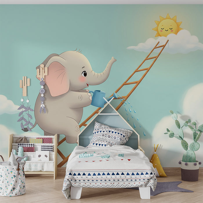 Papier peint chambre bébé | Éléphant arrosant le soleil dans un ciel bleu