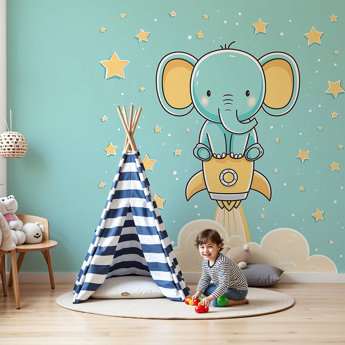 Papel de parede quarto bebê | Astronauta elefante e estrelas douradas