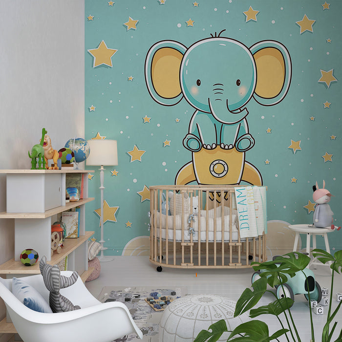 Papel de parede quarto bebê | Astronauta elefante e estrelas douradas