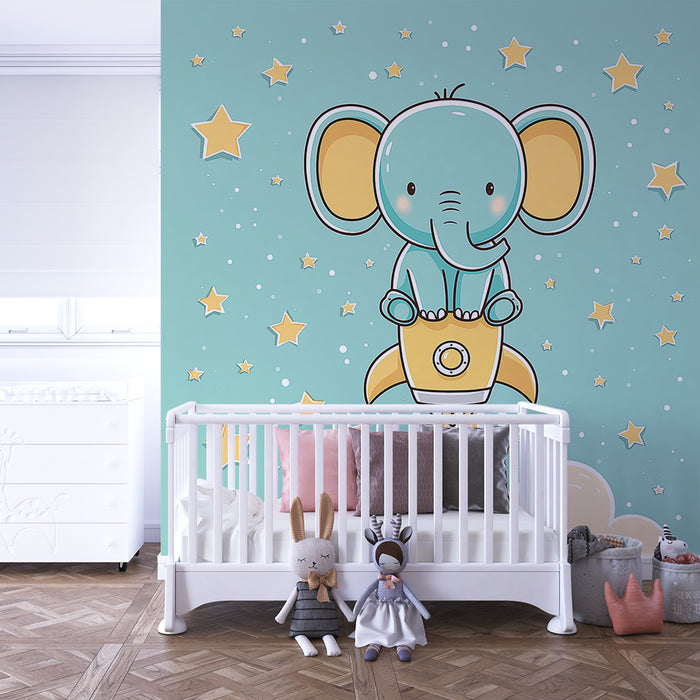Papel de parede quarto bebê | Astronauta elefante e estrelas douradas