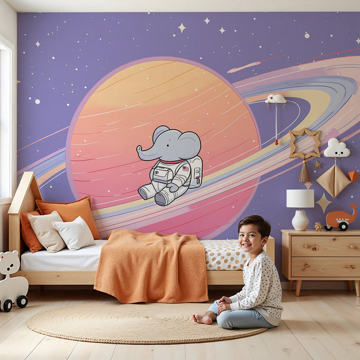 Papier peint chambre bébé | Éléphant astronaute flottant autour de Saturne