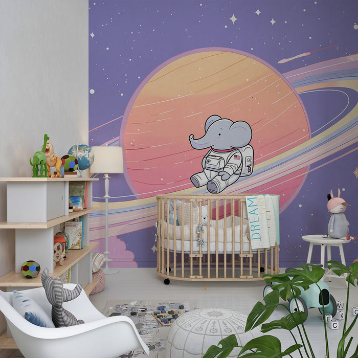 Papier peint chambre bébé | Éléphant astronaute flottant autour de Saturne