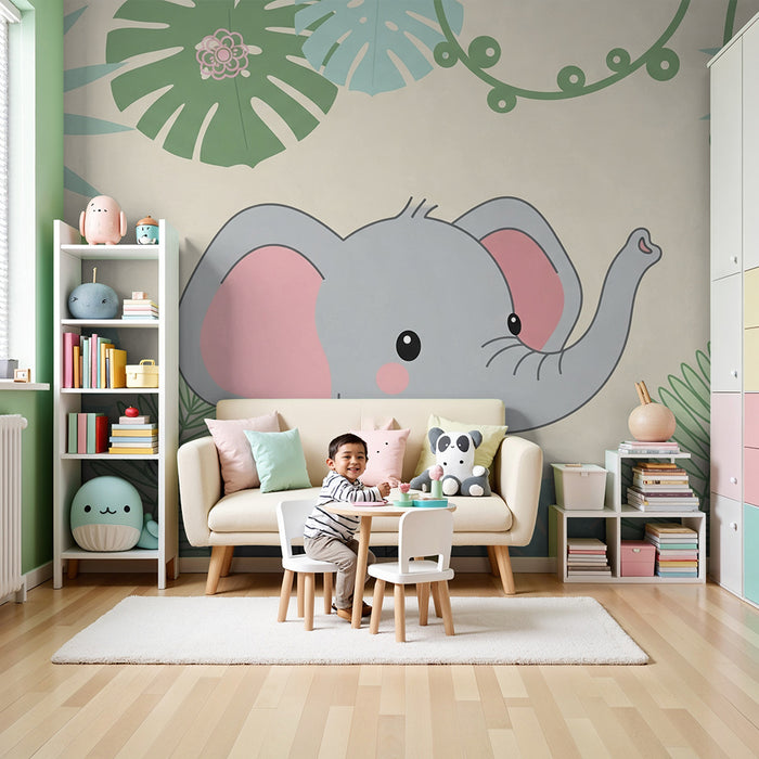 Papel de parede quarto bebê | Elefante no coração de folhagens tropicais