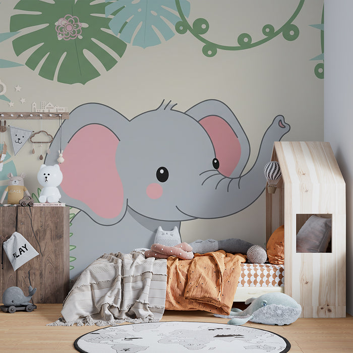 Papel de parede quarto bebê | Elefante no coração de folhagens tropicais