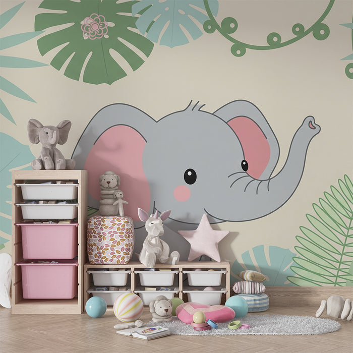 Papel de parede quarto bebê | Elefante no coração de folhagens tropicais