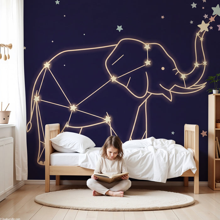 Carta da parati bambini | Elefante costellato sotto un cielo stellato