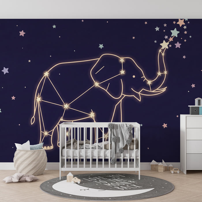 Carta da parati bambini | Elefante costellato sotto un cielo stellato