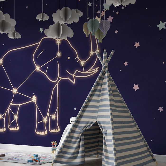 Carta da parati bambini | Elefante costellato sotto un cielo stellato