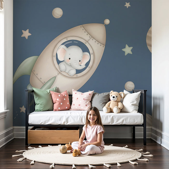 Papier peint chambre bébé | Éléphant dans l'espace