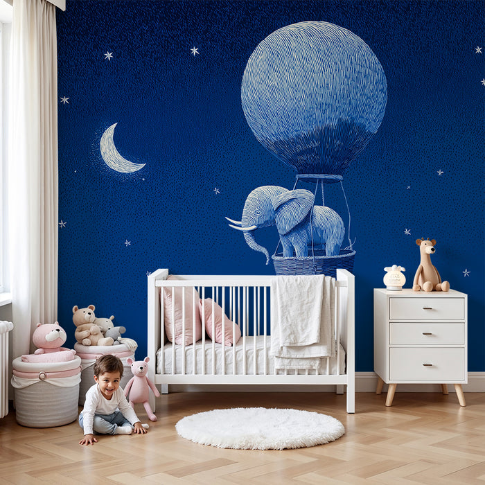 Papier peint chambre bébé | Éléphant dans un ballon dirigeable sous un ciel étoilé