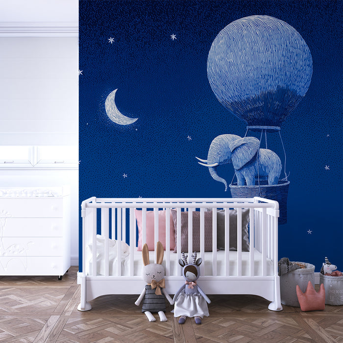 Papier peint chambre bébé | Éléphant dans un ballon dirigeable sous un ciel étoilé