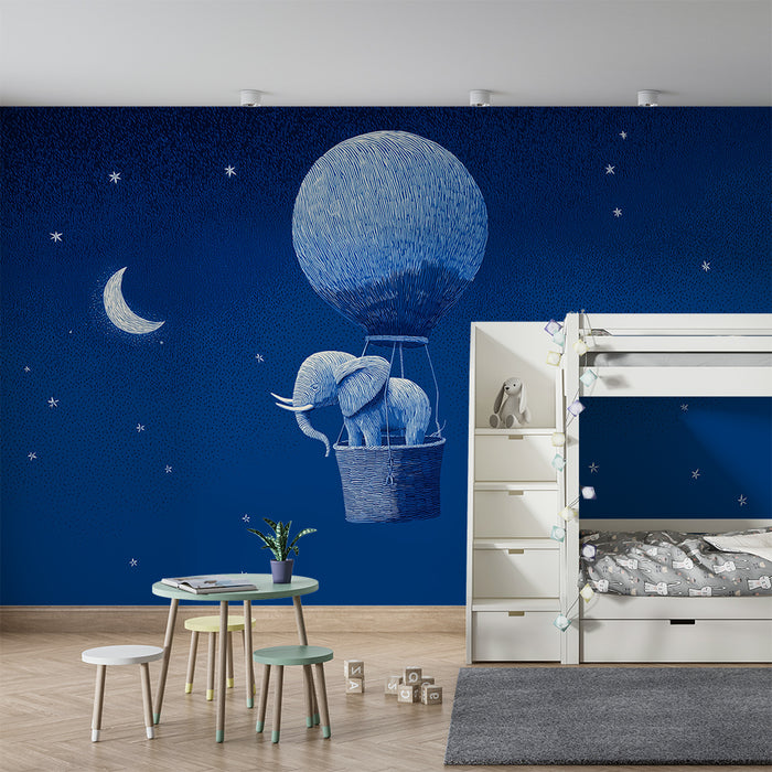 Papier peint chambre bébé | Éléphant dans un ballon dirigeable sous un ciel étoilé