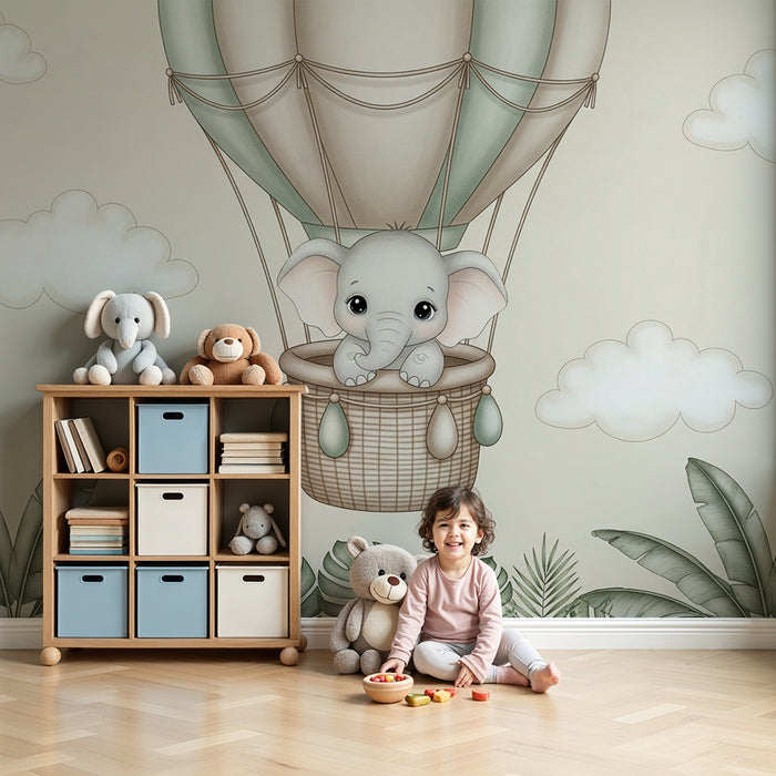 Papel de perete cameră bebeluși | Elefant într-un balon aerostatic