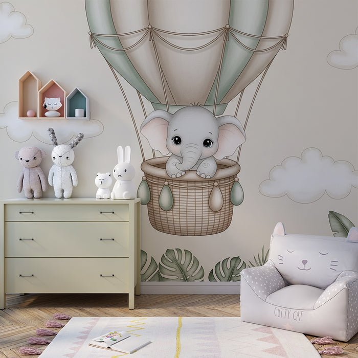 Papel de perete cameră bebeluși | Elefant într-un balon aerostatic