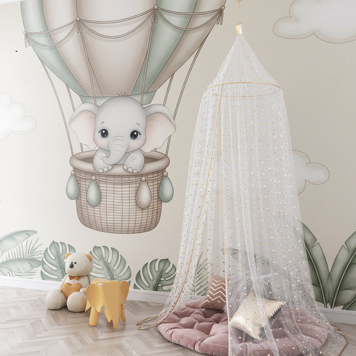 Papel de perete cameră bebeluși | Elefant într-un balon aerostatic