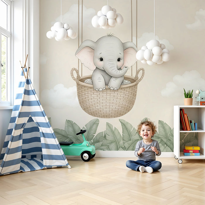 Papier peint chambre bébé | Éléphant dans un panier suspendu fond beige