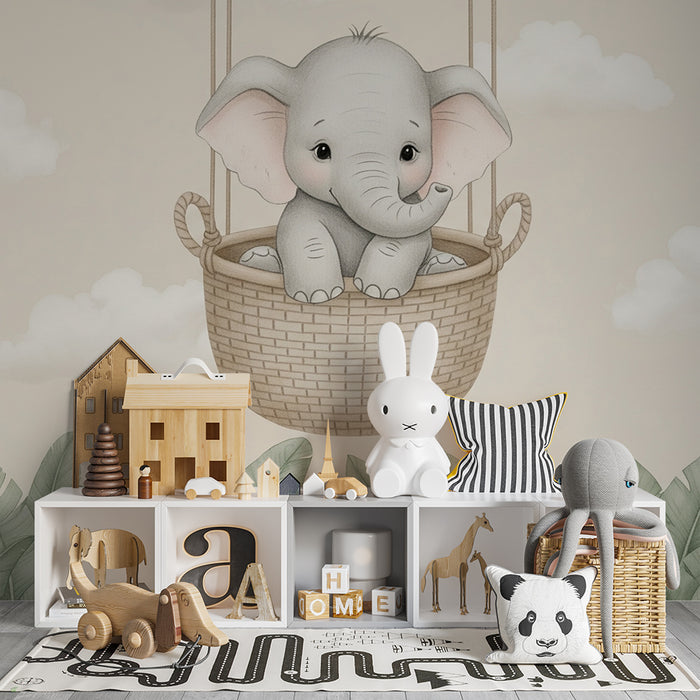 Papier peint chambre bébé | Éléphant dans un panier suspendu fond beige