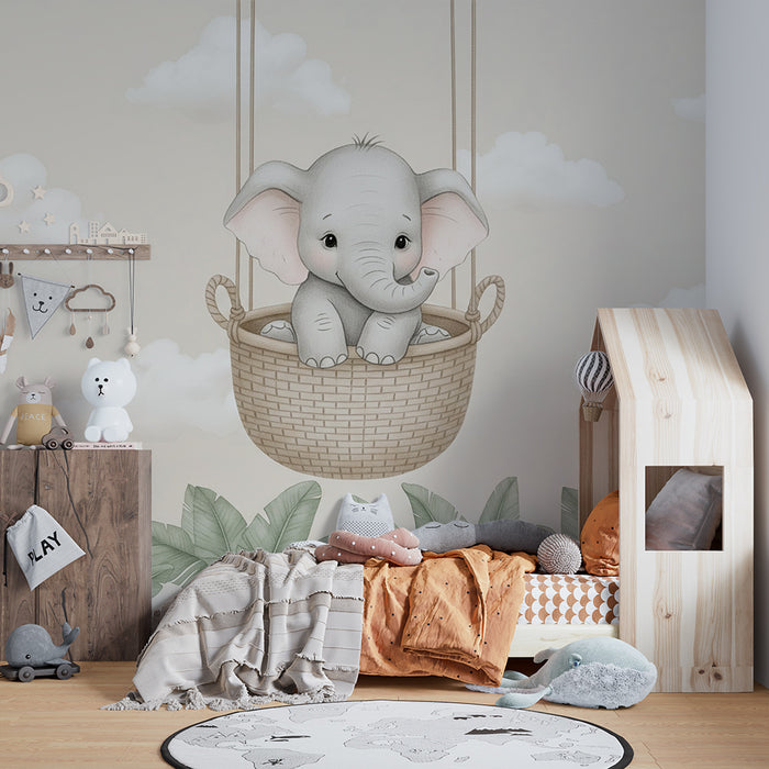 Papier peint chambre bébé | Éléphant dans un panier suspendu fond beige