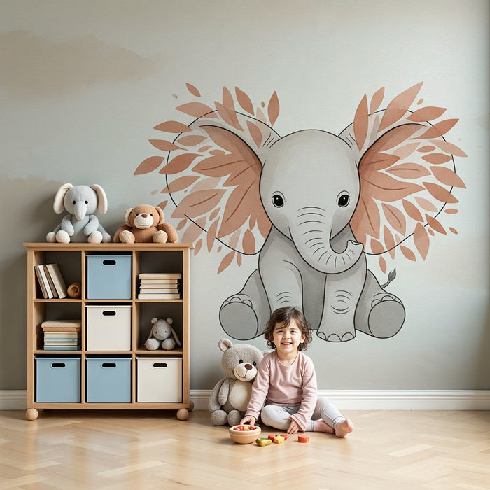 Papel de parede quarto bebê | Delicado elefante no meio das folhas