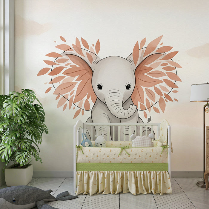 Papel de parede quarto bebê | Delicado elefante no meio das folhas