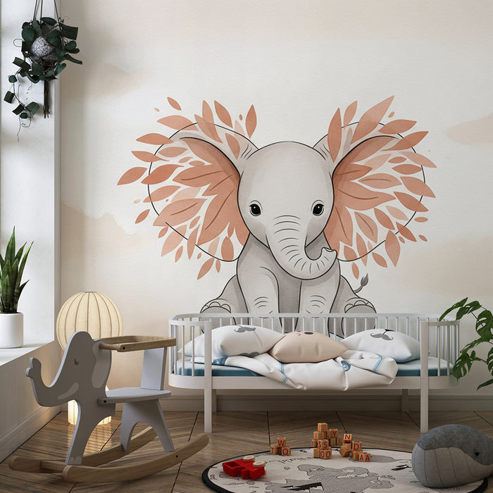Papel de parede quarto bebê | Delicado elefante no meio das folhas