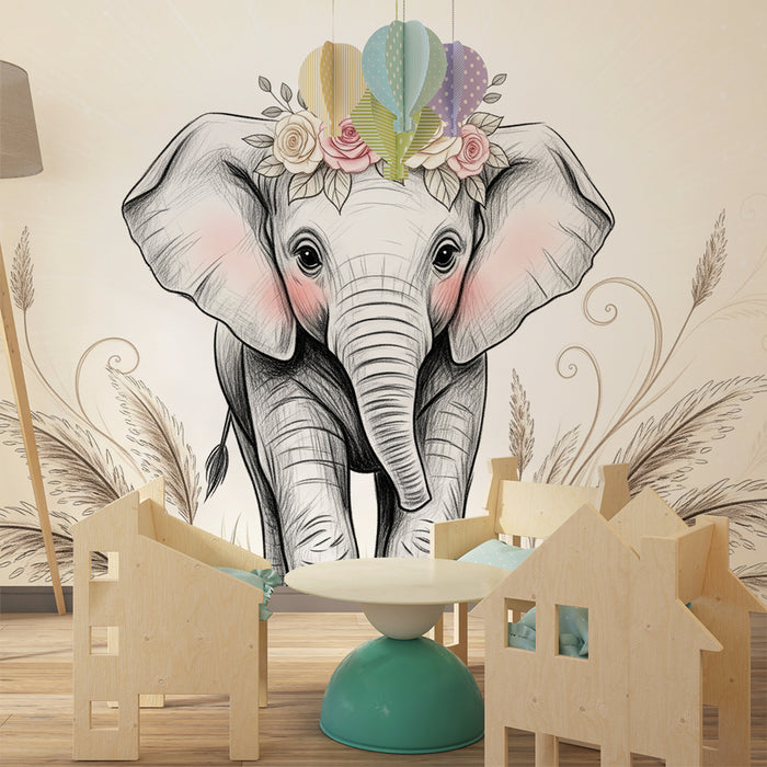 Børneværelse tapet | Delikat elefant med blomster
