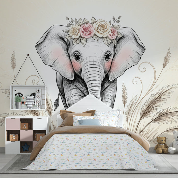 Børneværelse tapet | Delikat elefant med blomster