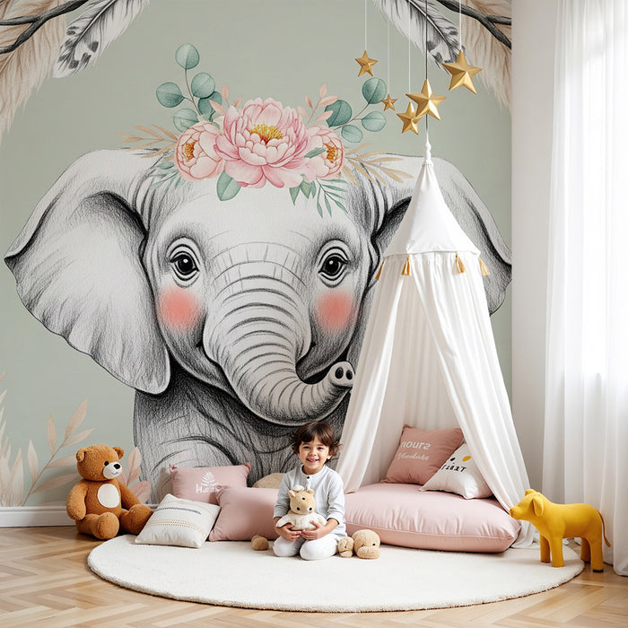 Babyzimmer Tapete | Zarter Elefant mit Blumen und Blättern