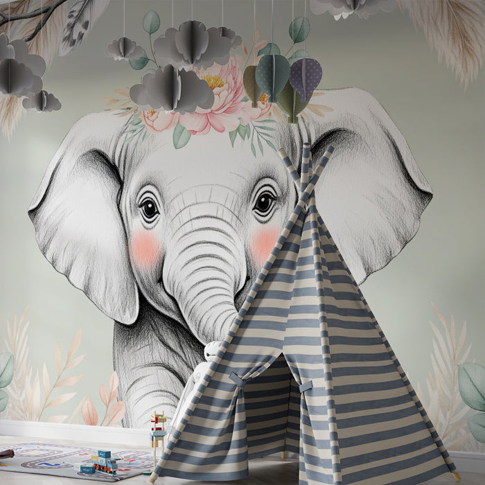 Babyzimmer Tapete | Zarter Elefant mit Blumen und Blättern