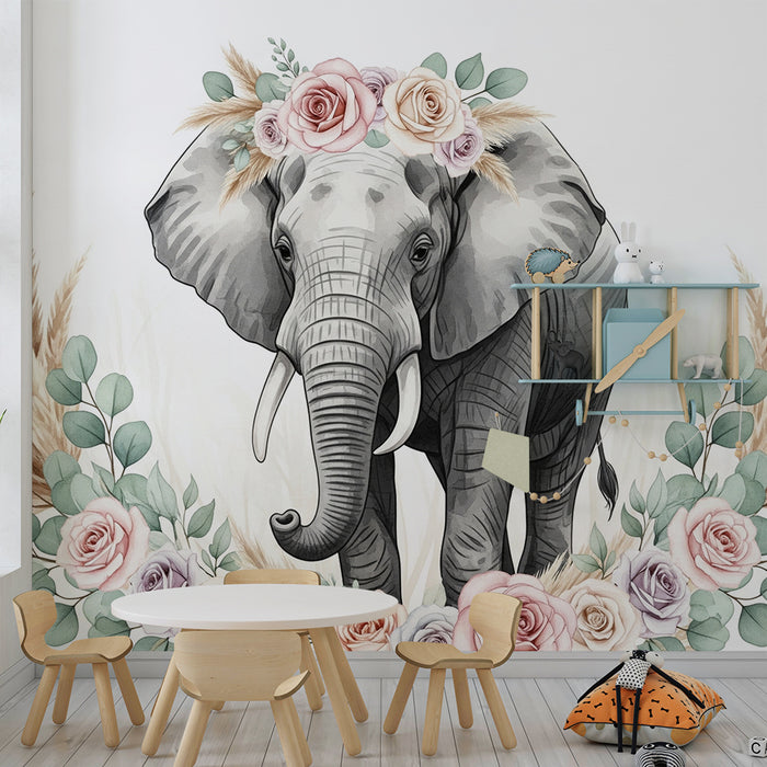 Carta da parati bambini | Elefante delicato circondato da fiori e fogliame