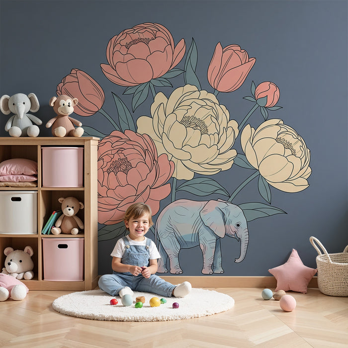 Barntapet | Delikat elefant omgiven av pastellblommor