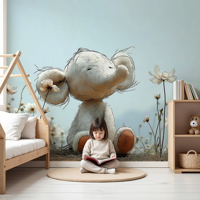 Papier peint chambre bébé | Éléphant doux parmi les fleurs blanches