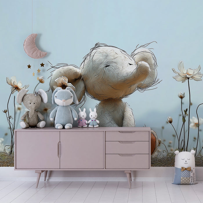 Papier peint chambre bébé | Éléphant doux parmi les fleurs blanches