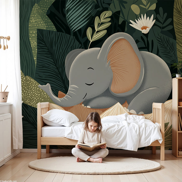 Papier peint chambre bébé | Éléphant endormi au cœur de la jungle