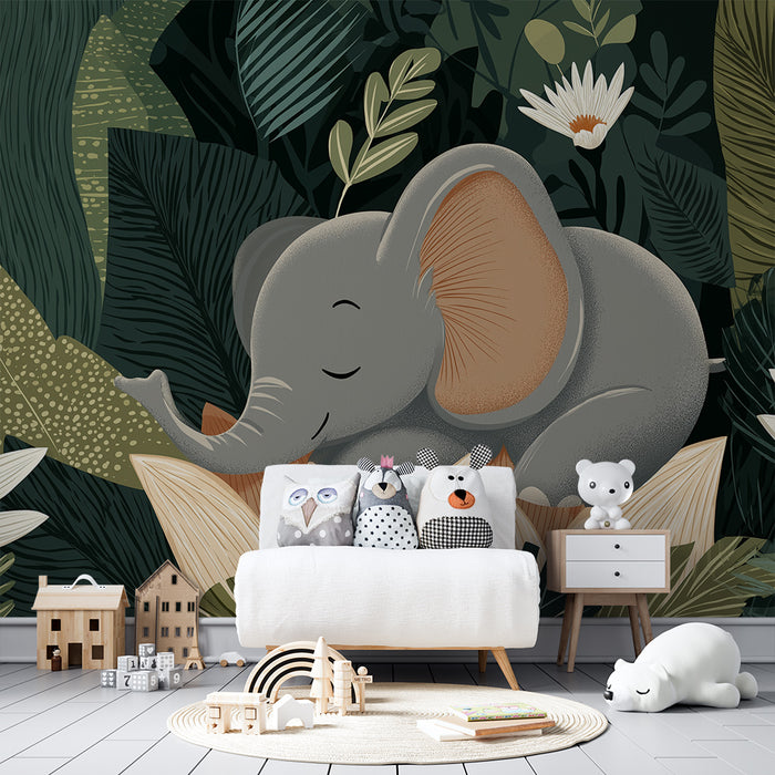 Papier peint chambre bébé | Éléphant endormi au cœur de la jungle