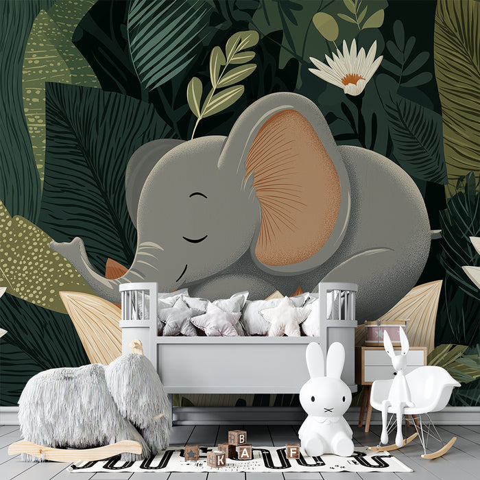Papier peint chambre bébé | Éléphant endormi au cœur de la jungle