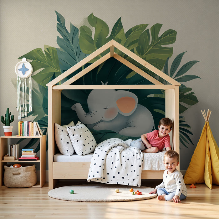 Papier peint chambre bébé | Éléphant endormi au milieu des feuilles tropicales