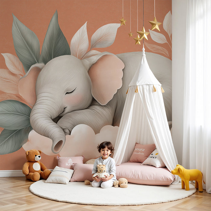 Nursery room wallpaper | Álmos elefánt puha növényzet között